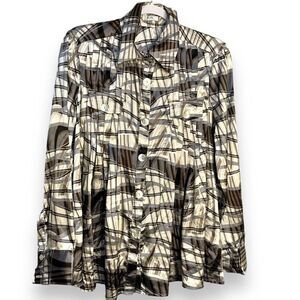 Joy Button Up Satin Blouse Women's Medium 40 Multicolored Geometric Academia Top